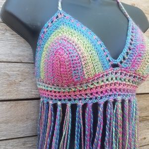 Crochet Fringe Festival Top - Pastel Rainbow